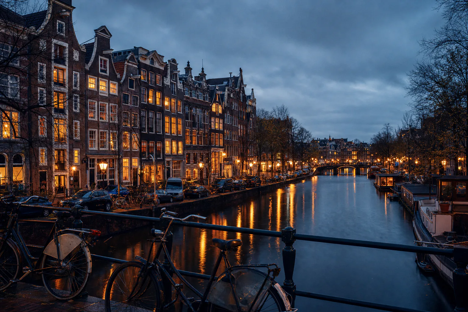 An Amsterdam canal at blue hour, gabled houses with lit windows