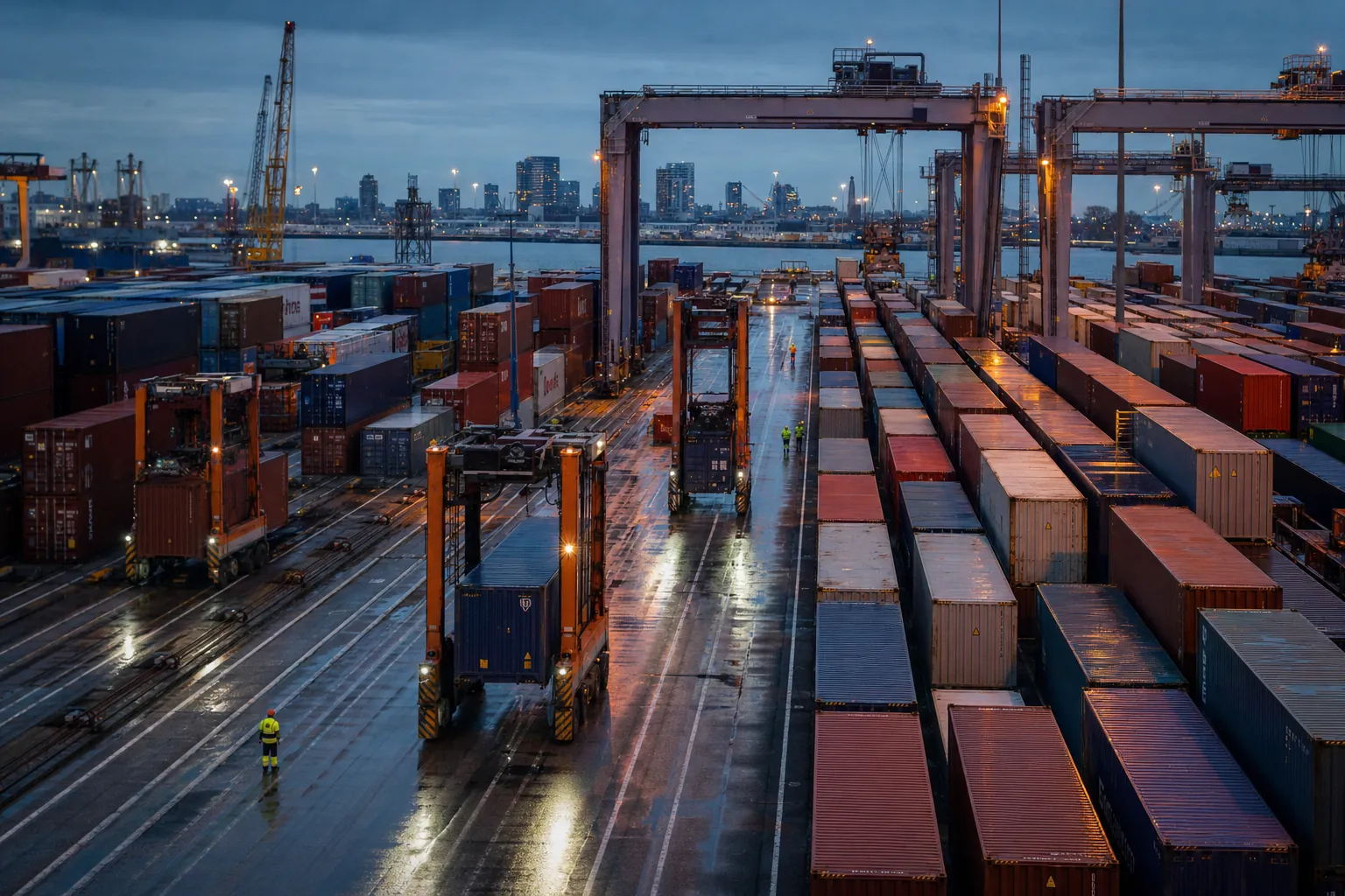 A Rotterdam container terminal at blue hour, straddle carriers moving between rows of containers under orange crane lights
