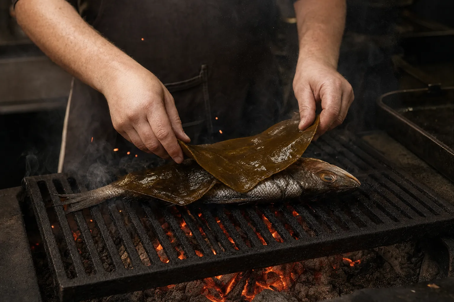 A chef laying kelp over a whole fish on a grill above glowing coals