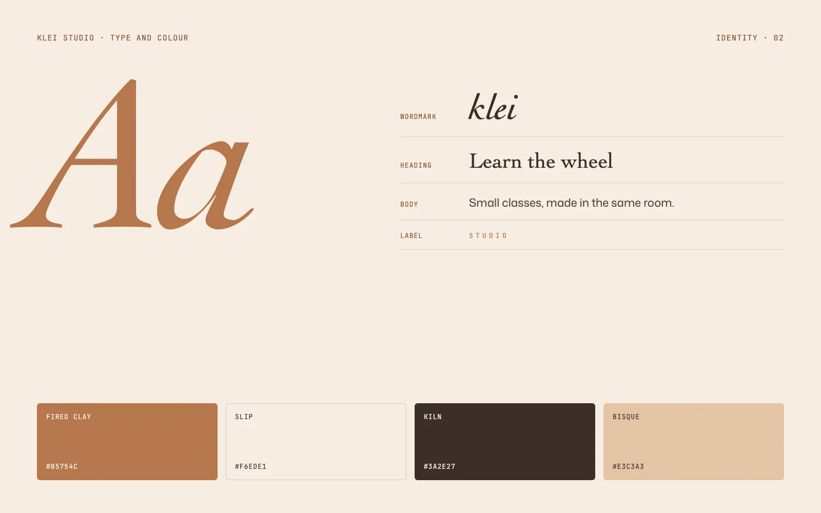 The Klei Studio type and colour sheet: the italic serif wordmark, heading and body type, and the fired clay, slip, kiln and bisque colours
