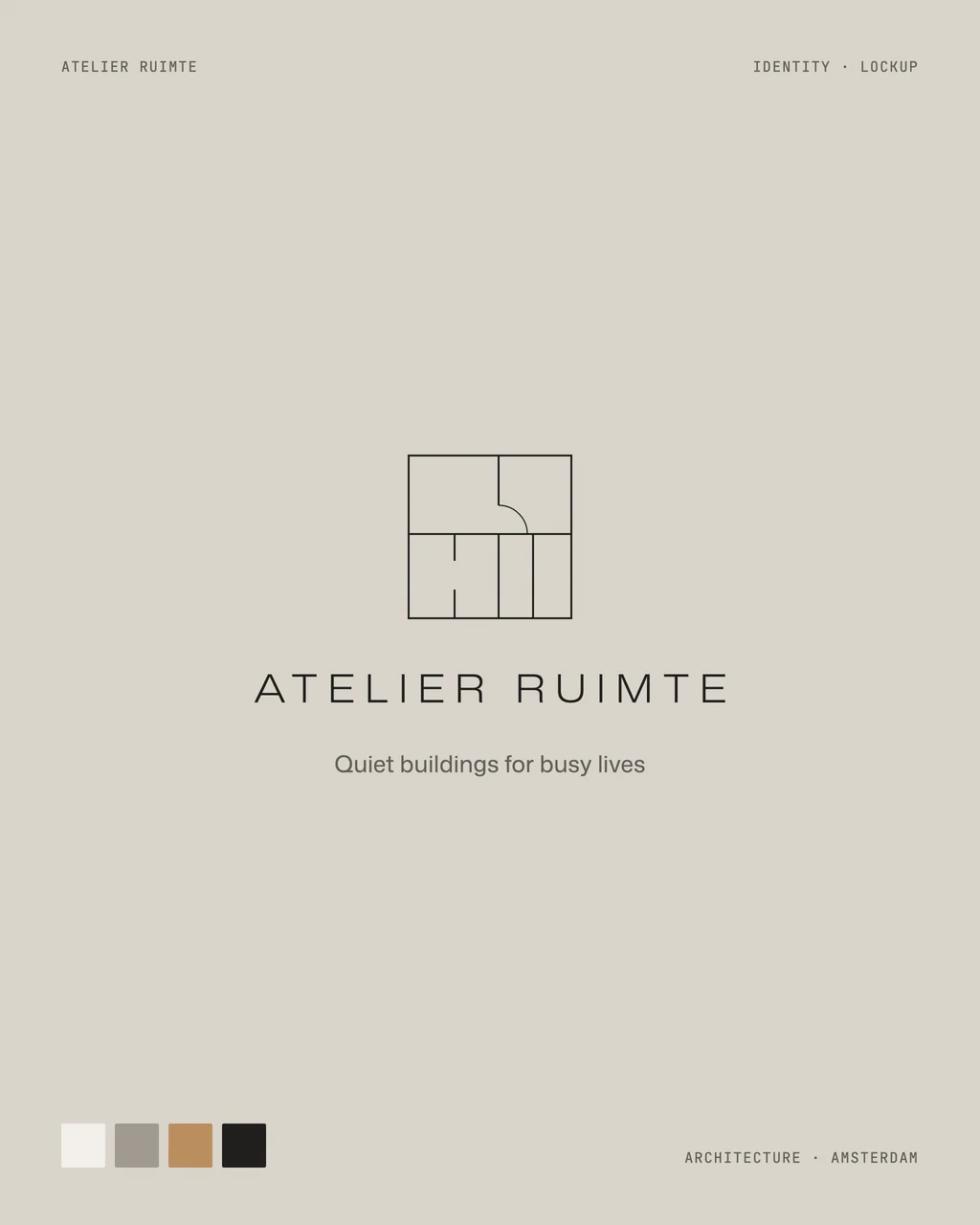 The Atelier Ruimte identity on chalk grey: a floor-plan mark above the widely spaced wordmark and the line Quiet buildings for busy lives